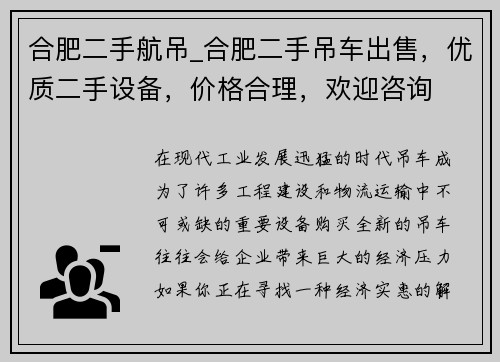 合肥二手航吊_合肥二手吊车出售，优质二手设备，价格合理，欢迎咨询